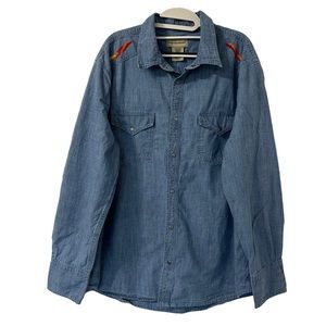 Scandia Woods Mens Chambray Shirt Snap Front Colorful Embroidered‎ Sun Size L